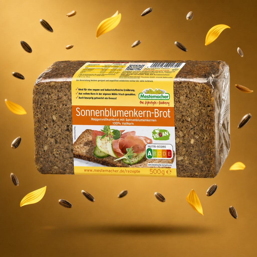 Mestemacher Sonnenblumenkern Brot 500g with floating ingredients