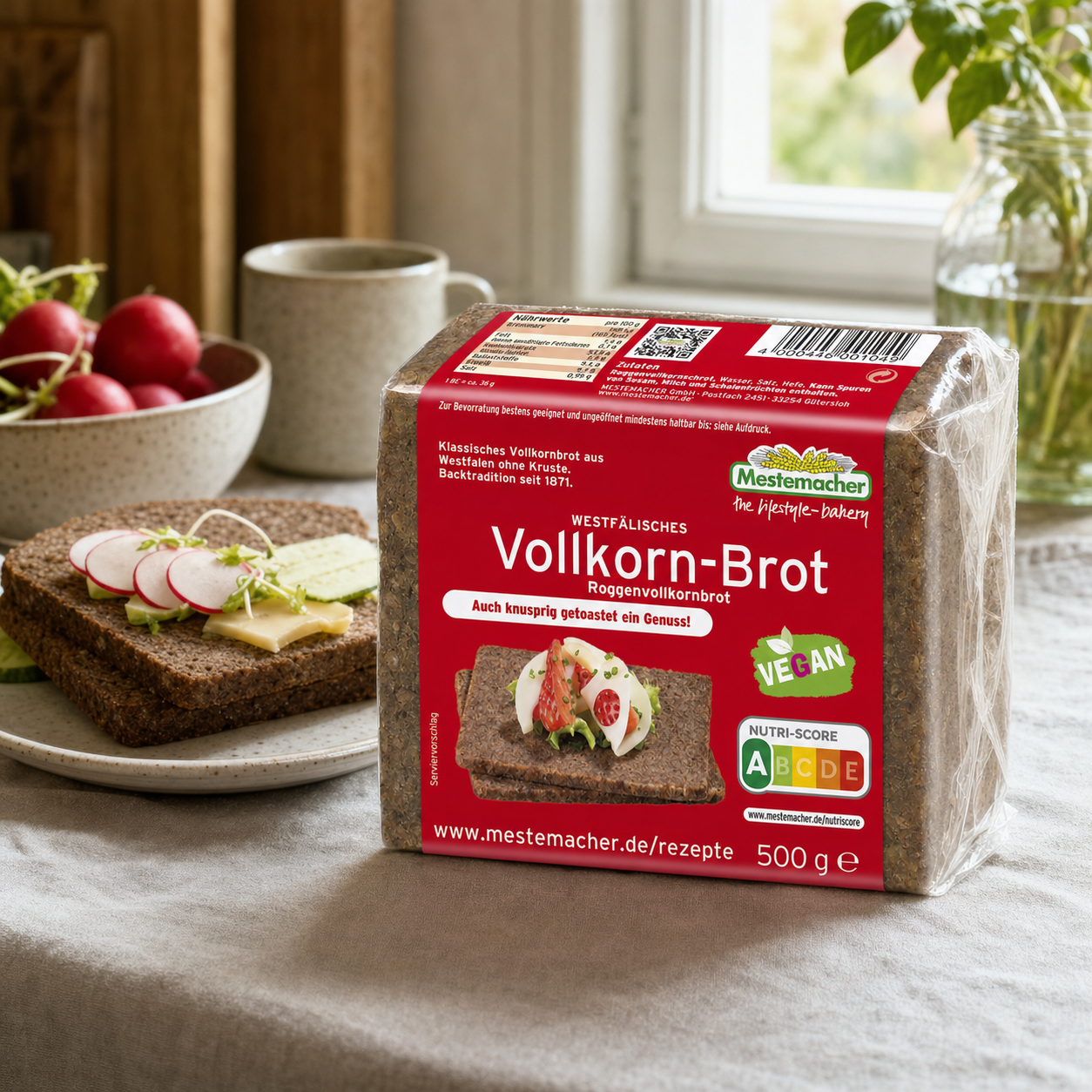 Mestemacher Westfaelisches Vollkornbrot German wholegrain rye bread 500g, in an everyday kitchen scene