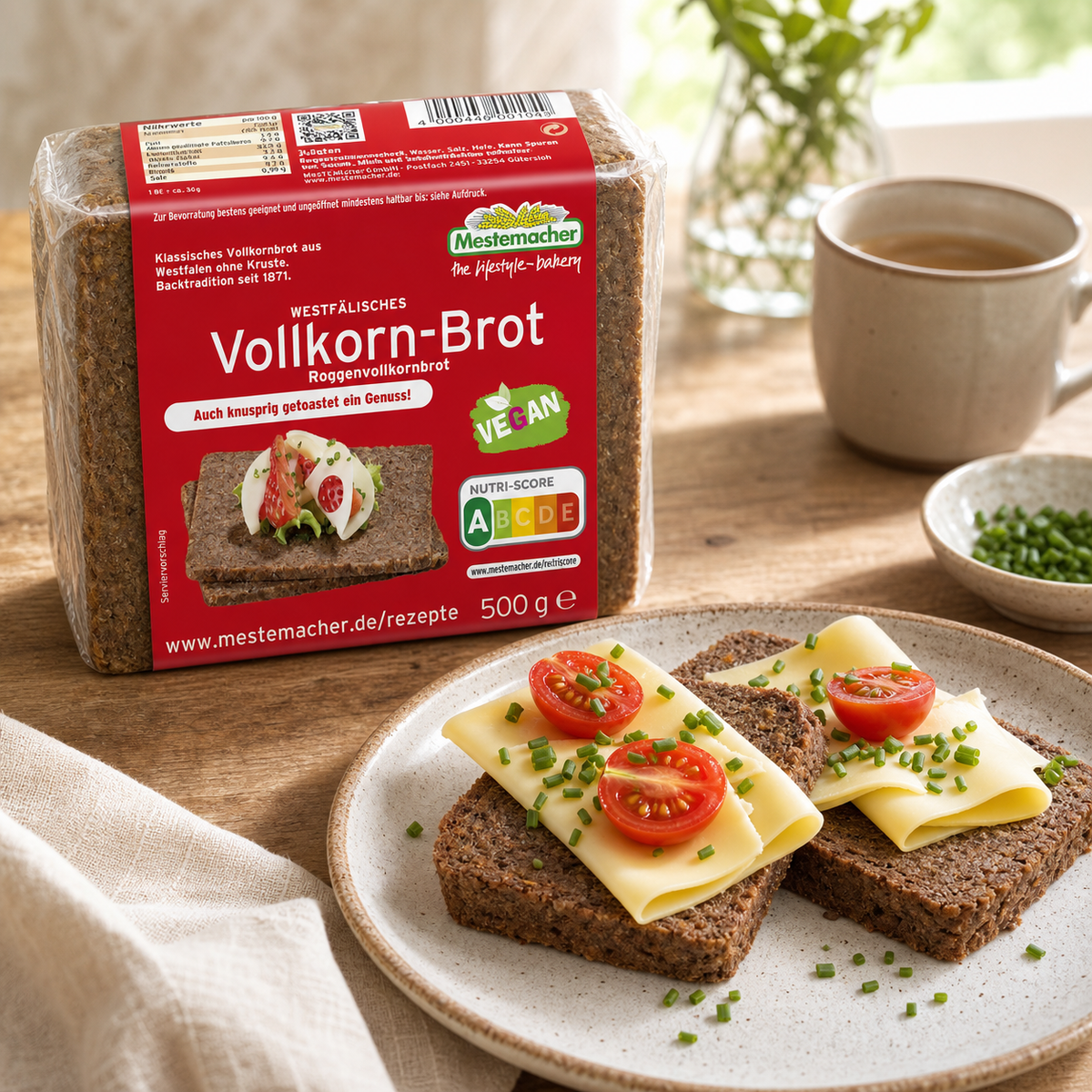 Mestemacher Westfaelisches Vollkornbrot German wholegrain rye bread 500g, served, with the pack beside it