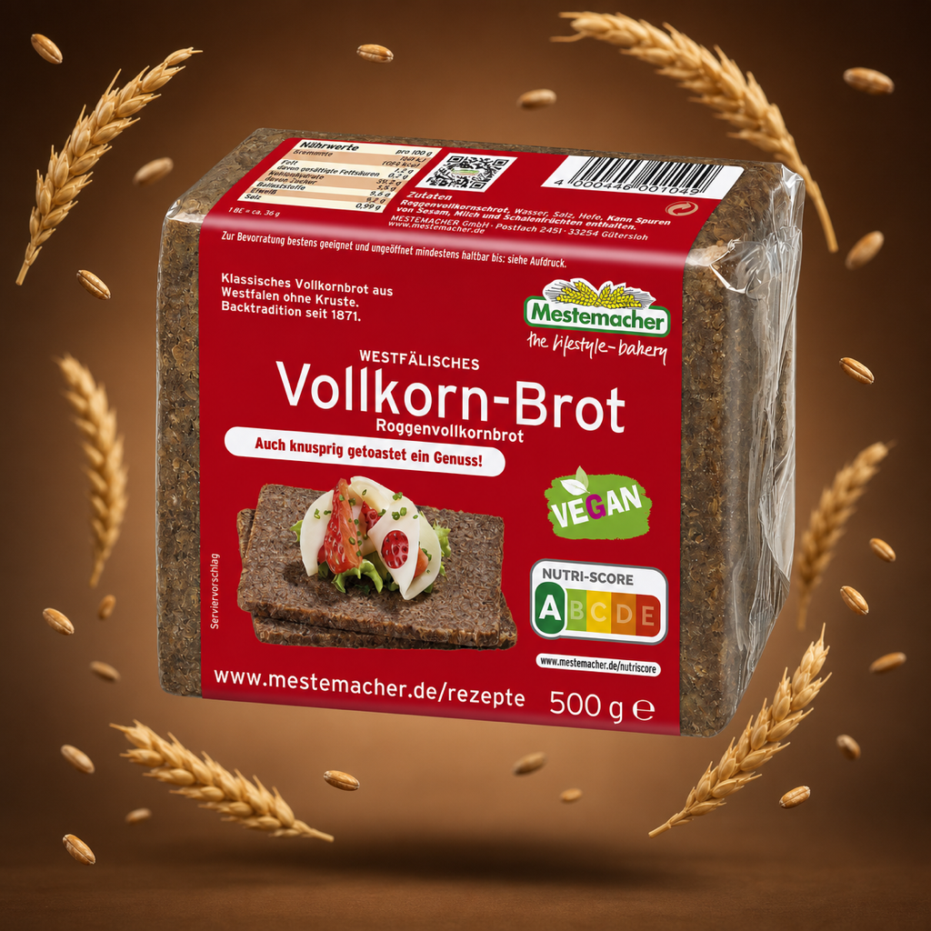 Mestemacher Westfälisches Vollkornbrot 500g with floating ingredients