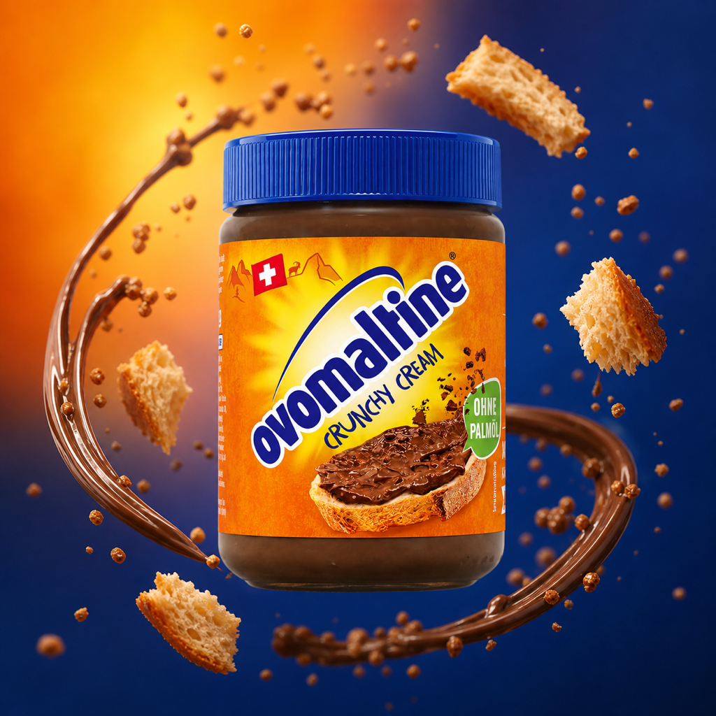 Ovomaltine Crunchy Cream 380g with floating ingredients