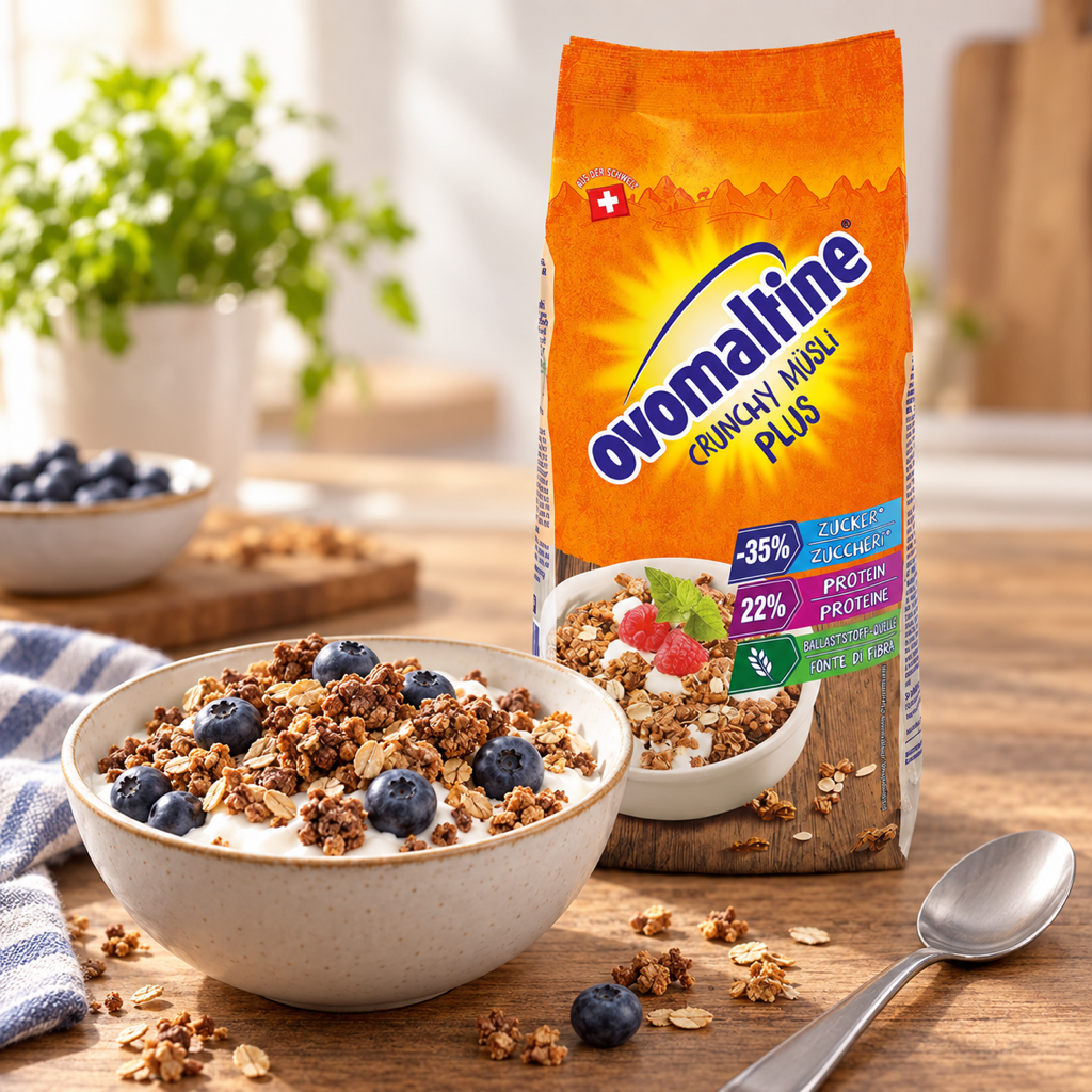 Ovomaltine Crunchy Müsli Plus Protein Muesli 300g serving suggestion