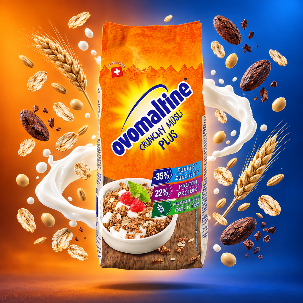 Ovomaltine Crunchy Müsli Plus Protein Muesli 300g with floating ingredients