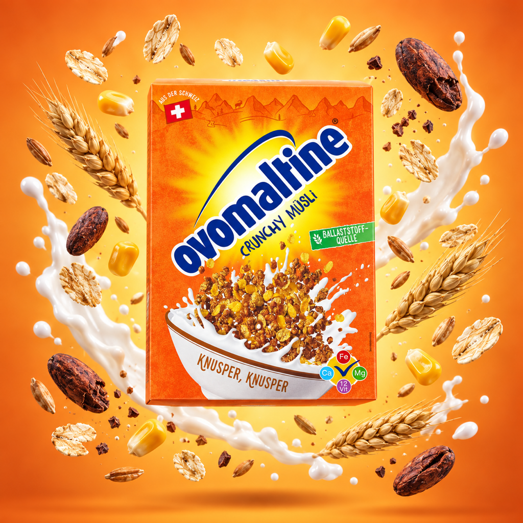Ovomaltine Crunchy Müsli 450g with floating ingredients