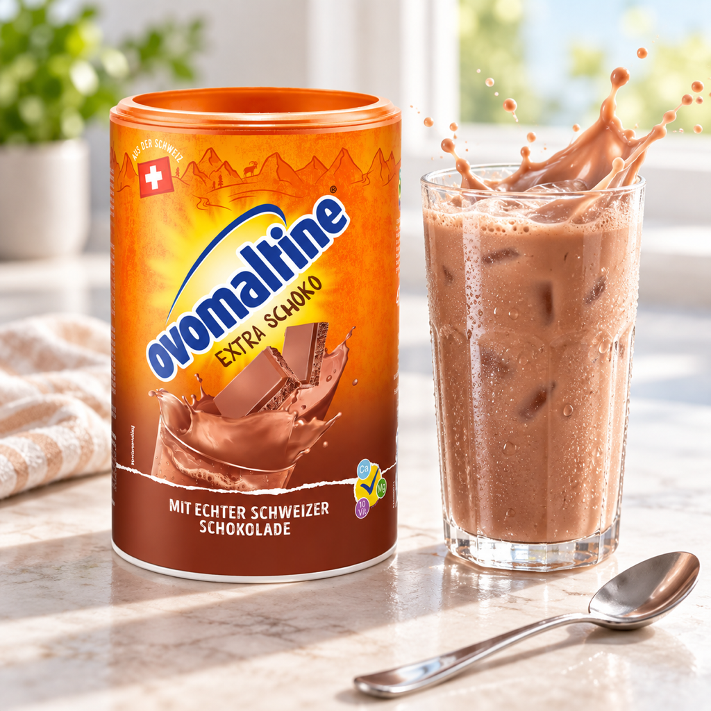 Ovomaltine Extra Schoko Malted Drink Powder 450g serving suggestion