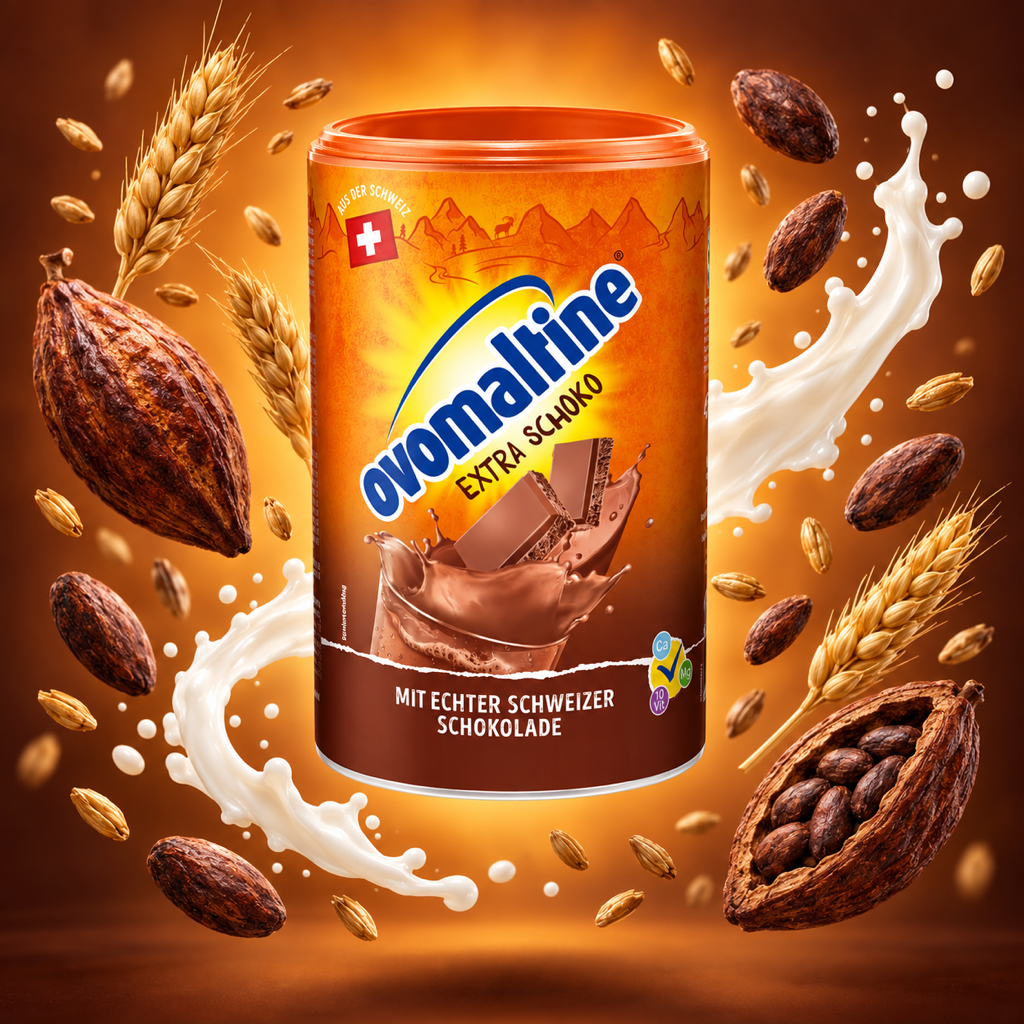 Ovomaltine Extra Schoko Malted Drink Powder 450g with floating ingredients