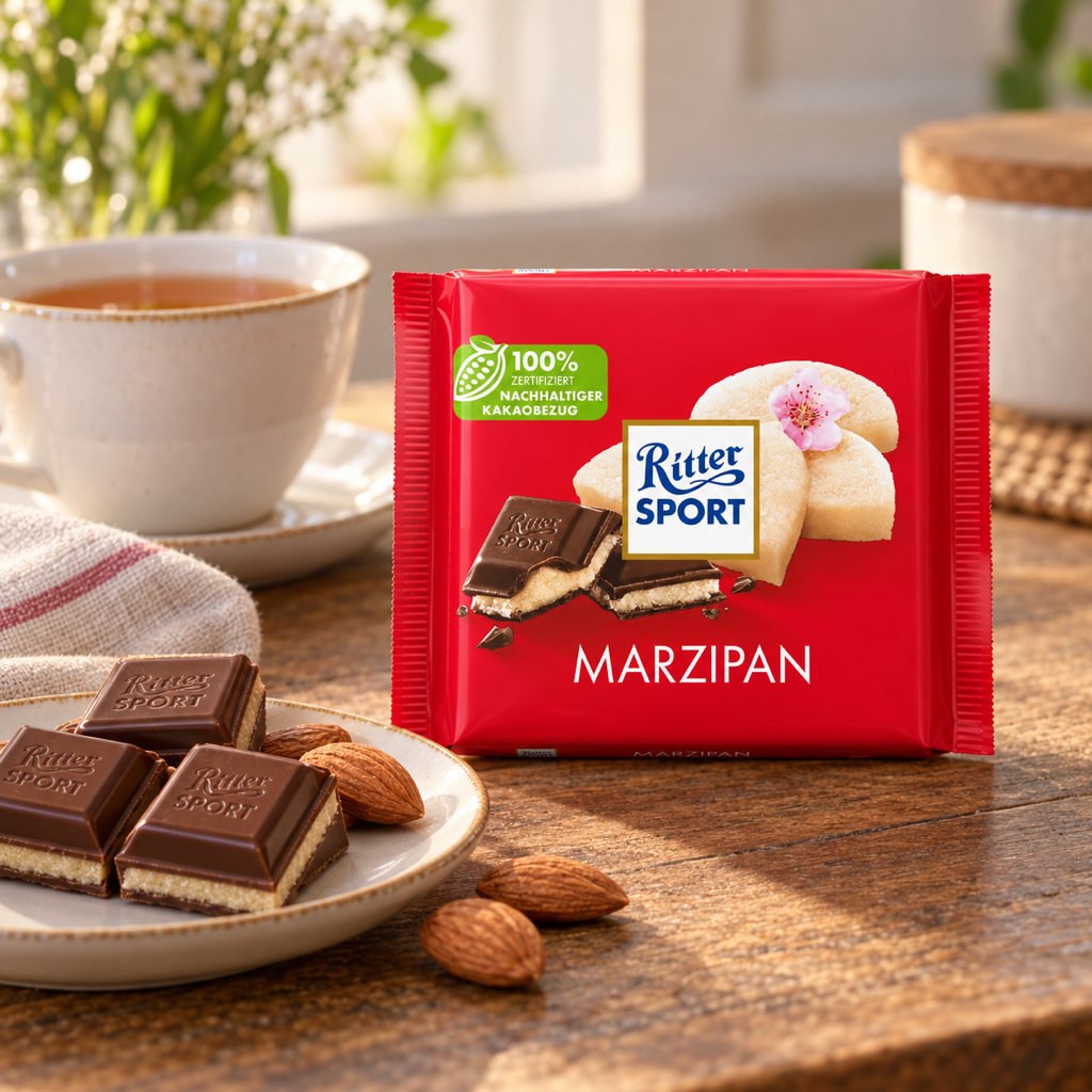 Ritter Sport Marzipan Chocolate Bar | 100g serving suggestion