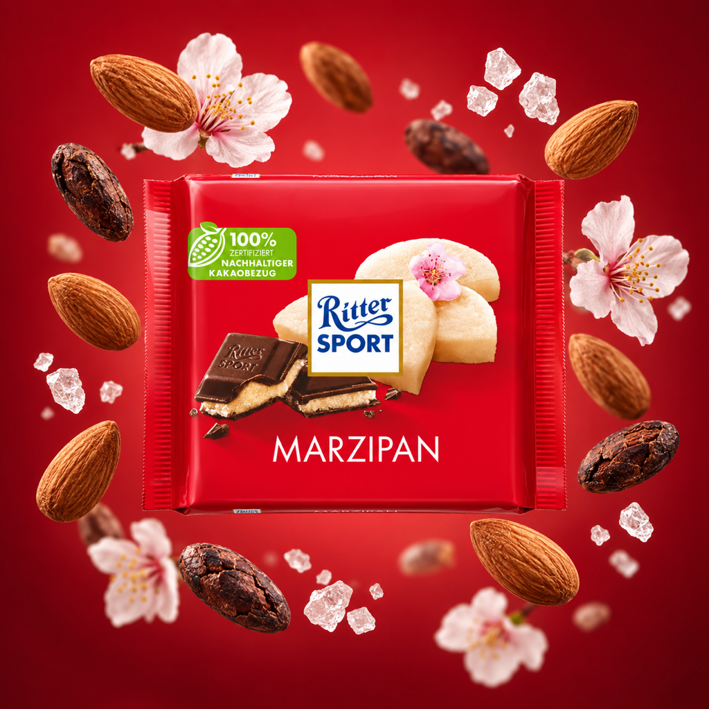 Ritter Sport Marzipan Chocolate Bar | 100g with floating ingredients