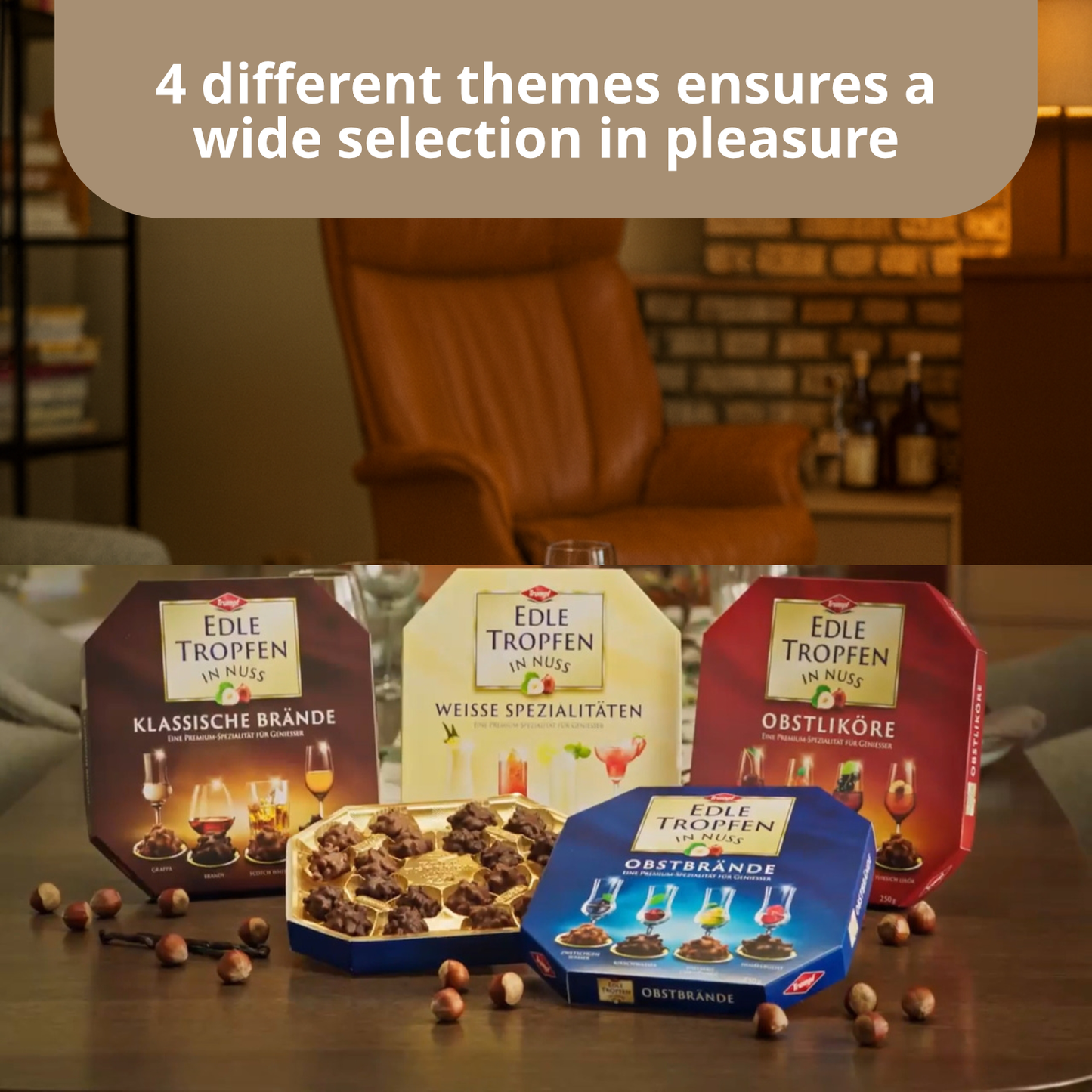 Trumpf Edle Tropfen in Nuss Obstliköre Liqueur Pralines in 4 Flavours | 250g