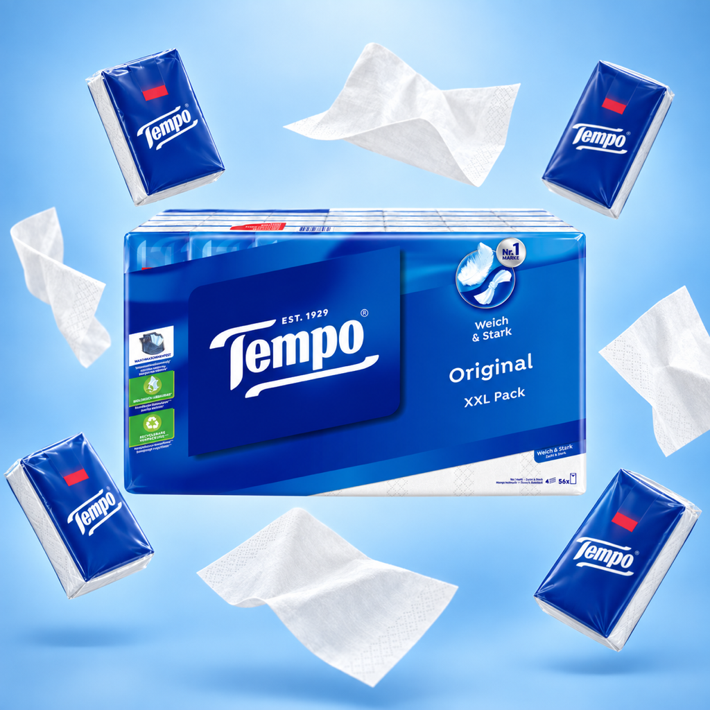 Tempo Classic Tissues (56 packs of 10) with floating ingredients