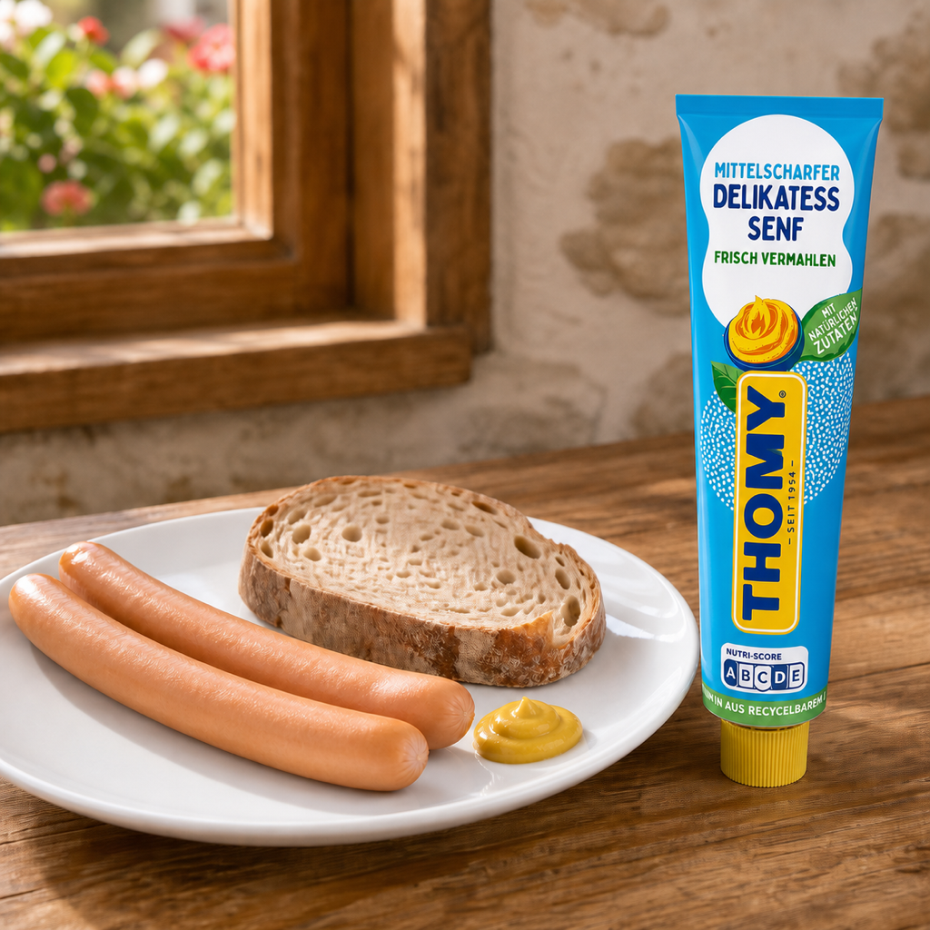 Thomy Delikatess Senf Mustard Medium Hot 200ml serving suggestion