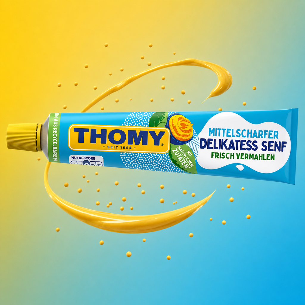 Thomy Delikatess Senf Mustard Medium Hot 200ml with floating ingredients
