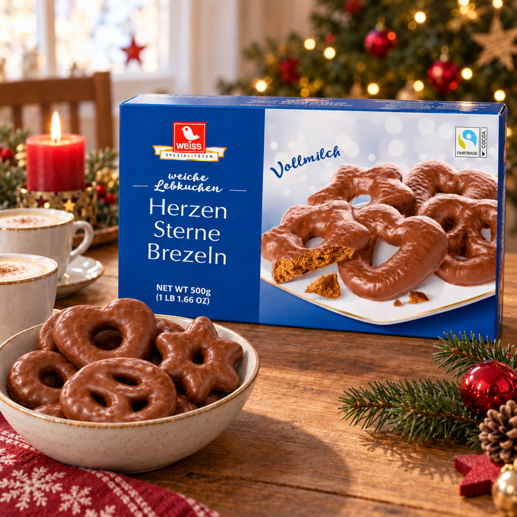 Weiss Herzen Sterne Brezeln Milk Chocolate Gingerbread Hearts Stars Pretzels | 500G serving suggestion