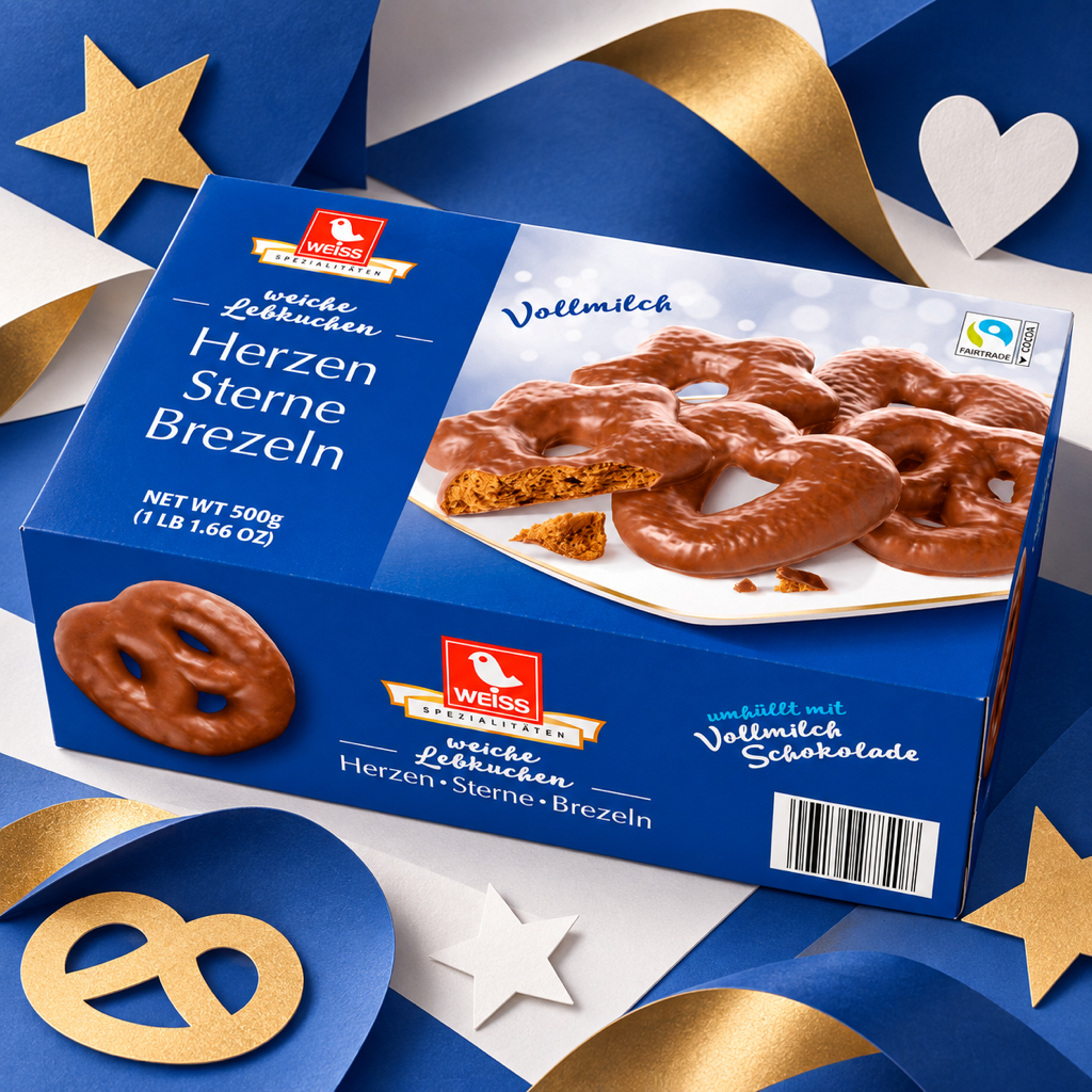 Weiss Herzen Sterne Brezeln Milk Chocolate Gingerbread Hearts Stars Pretzels | 500G paper art scene