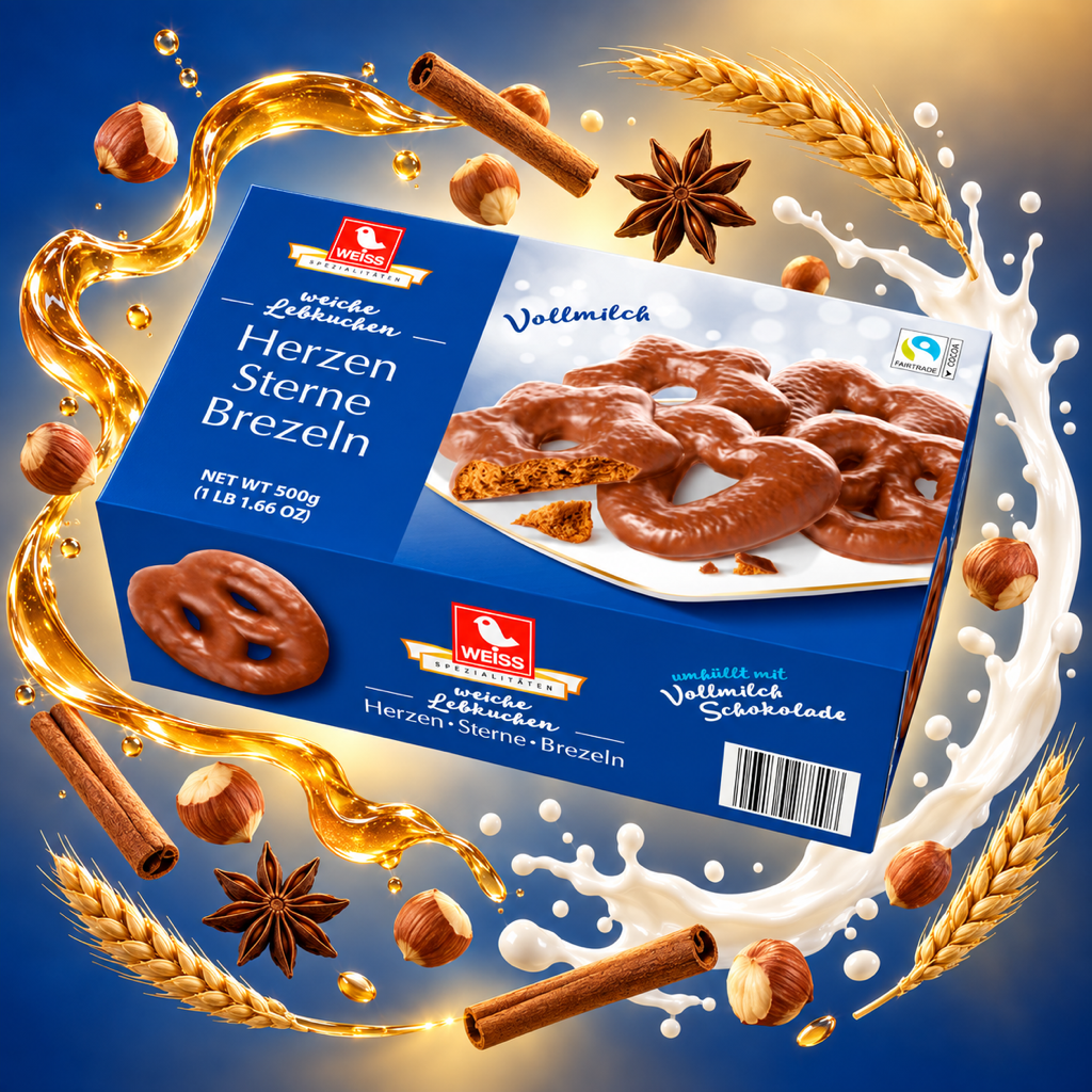 Weiss Herzen Sterne Brezeln Milk Chocolate Gingerbread Hearts Stars Pretzels | 500G with floating ingredients