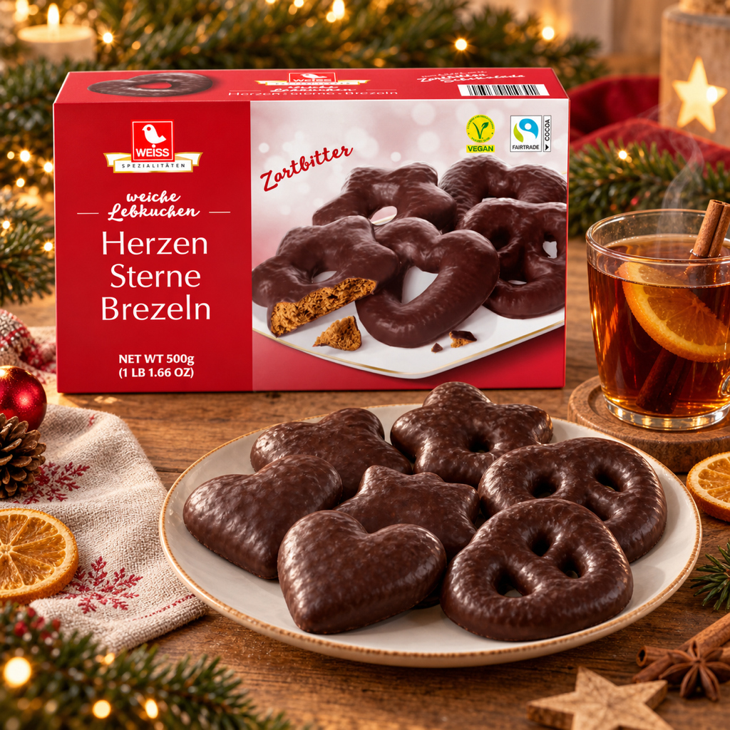 Weiss Herzen Sterne Brezeln Dark Chocolate Gingerbread Hearts Stars Pretzels | 500G serving suggestion