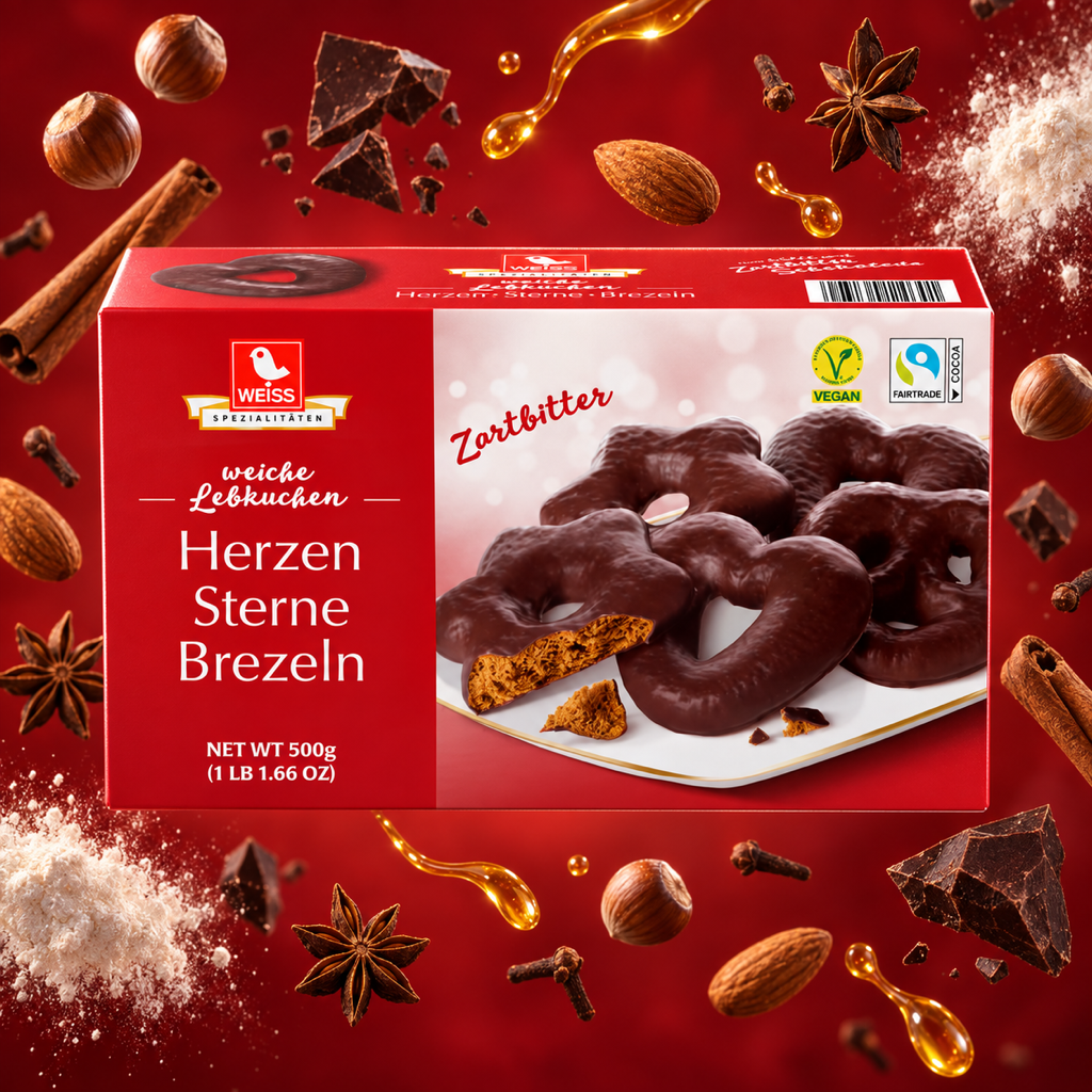 Weiss Herzen Sterne Brezeln Dark Chocolate Gingerbread Hearts Stars Pretzels | 500G with floating ingredients