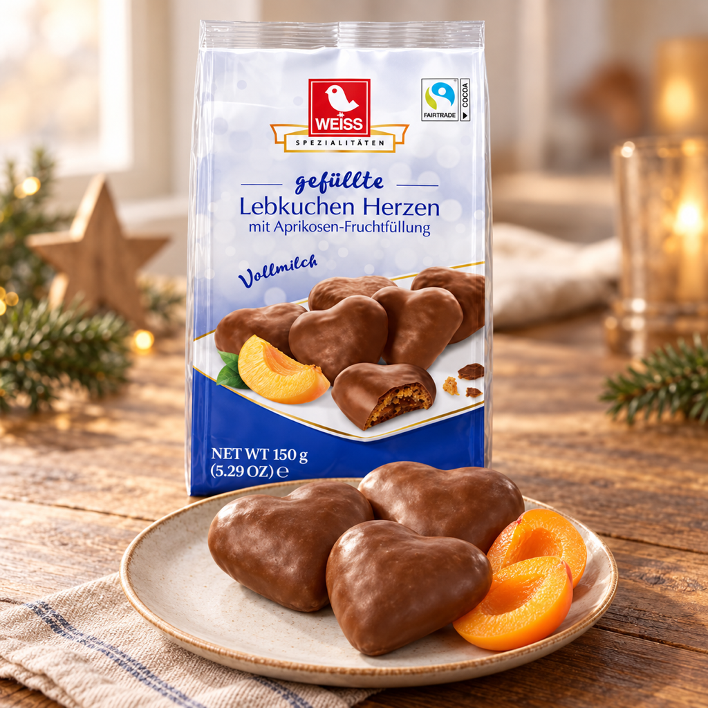 Weiss Lebkuchen Herzen Milk Chocolate Apricot Filled Gingerbread Hearts | 150G serving suggestion