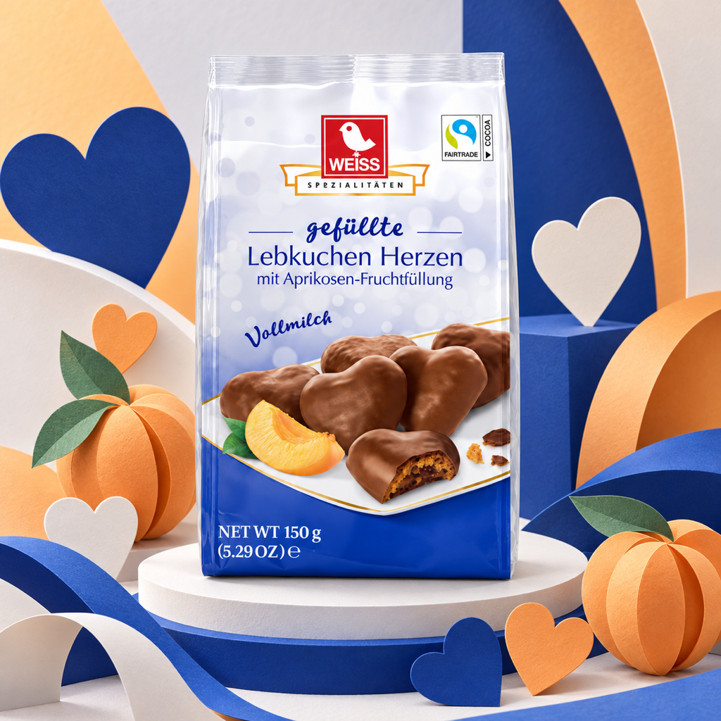 Weiss Lebkuchen Herzen Milk Chocolate Apricot Filled Gingerbread Hearts | 150G paper art scene
