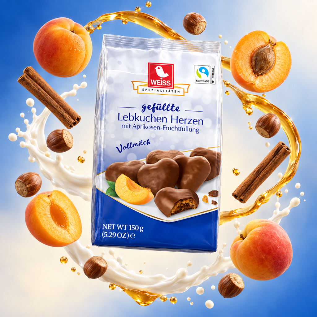 Weiss Lebkuchen Herzen Milk Chocolate Apricot Filled Gingerbread Hearts | 150G with floating ingredients