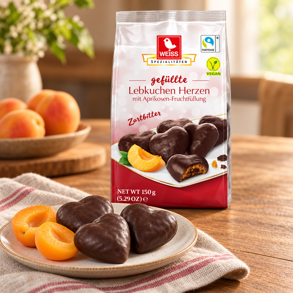 Weiss Lebkuchen Herzen Dark Chocolate Apricot Filled Gingerbread Hearts | 150G serving suggestion