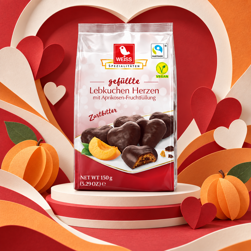 Weiss Lebkuchen Herzen Dark Chocolate Apricot Filled Gingerbread Hearts | 150G paper art scene