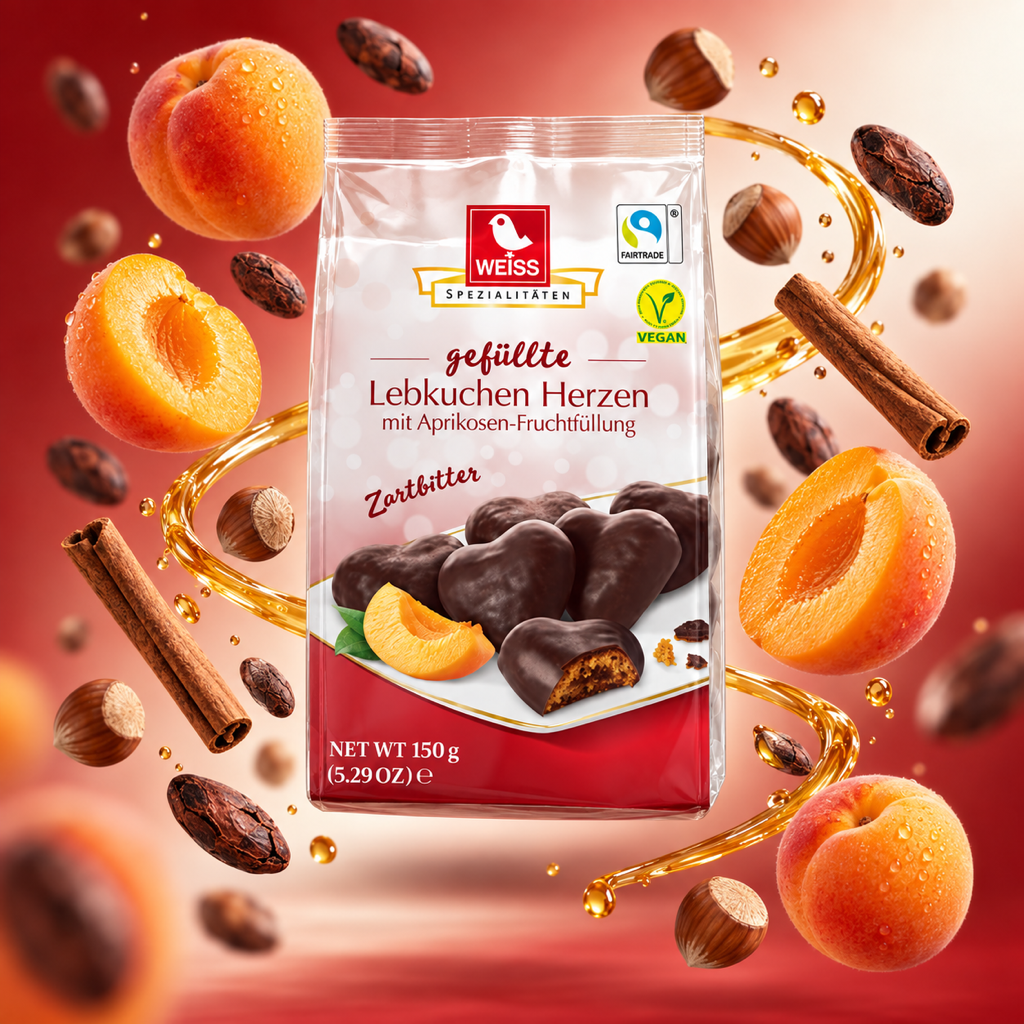 Weiss Lebkuchen Herzen Dark Chocolate Apricot Filled Gingerbread Hearts | 150G with floating ingredients
