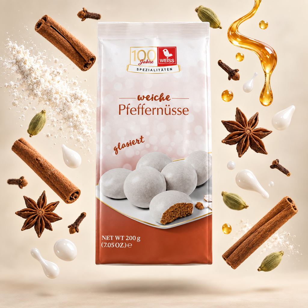 Weiss Pfeffernüsse Glazed Soft Spiced Gingerbread Bites | 200G with floating ingredients