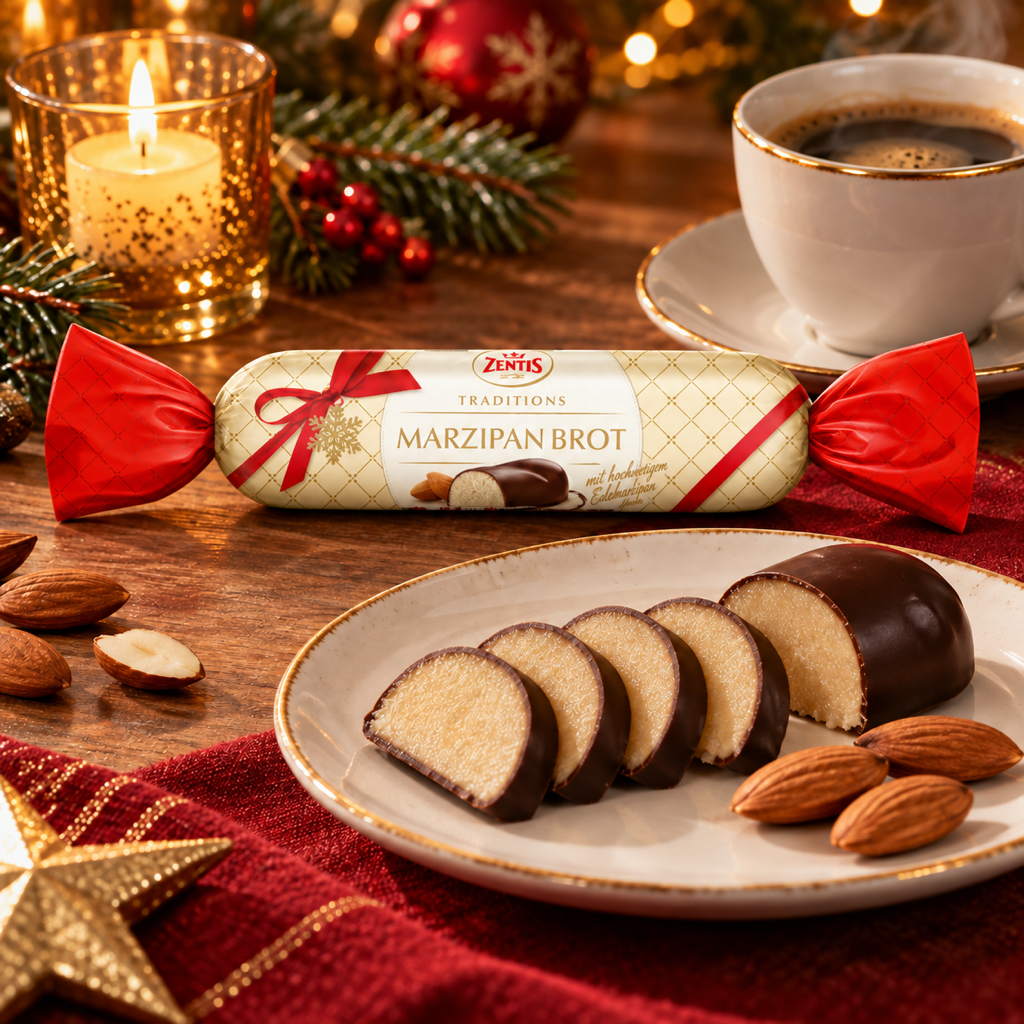 Zentis Marzipan Brot Dark Chocolate Coated Marzipan Bar | 100G serving suggestion