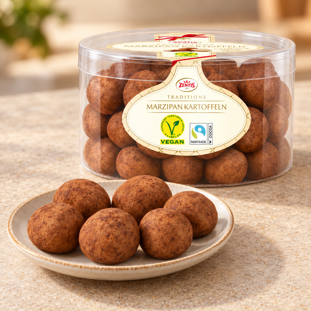 Zentis Marzipan Kartoffeln Cocoa Dusted Marzipan Potatoes Tub | 500G serving suggestion