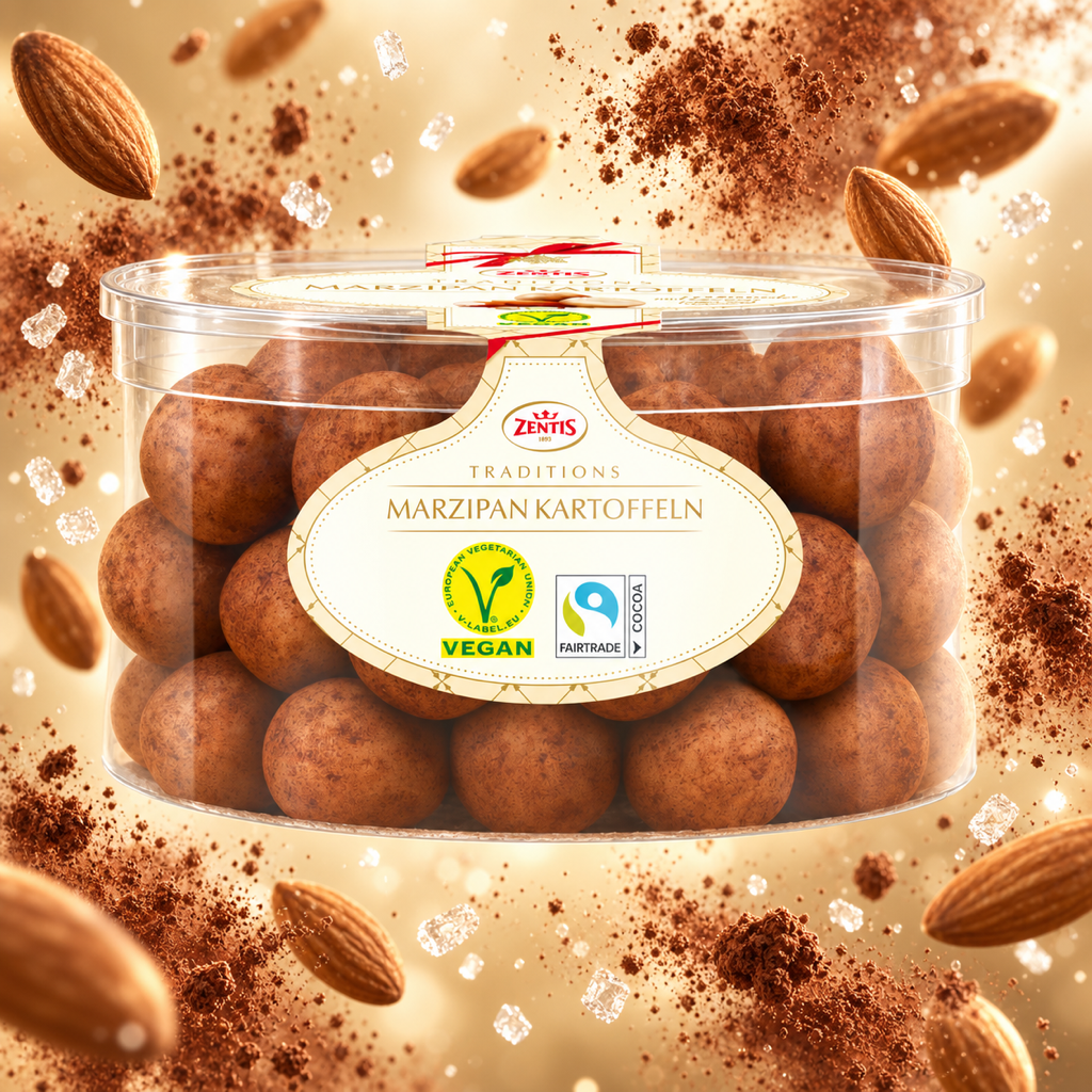 Zentis Marzipan Kartoffeln Cocoa Dusted Marzipan Potatoes Tub | 500G with floating ingredients