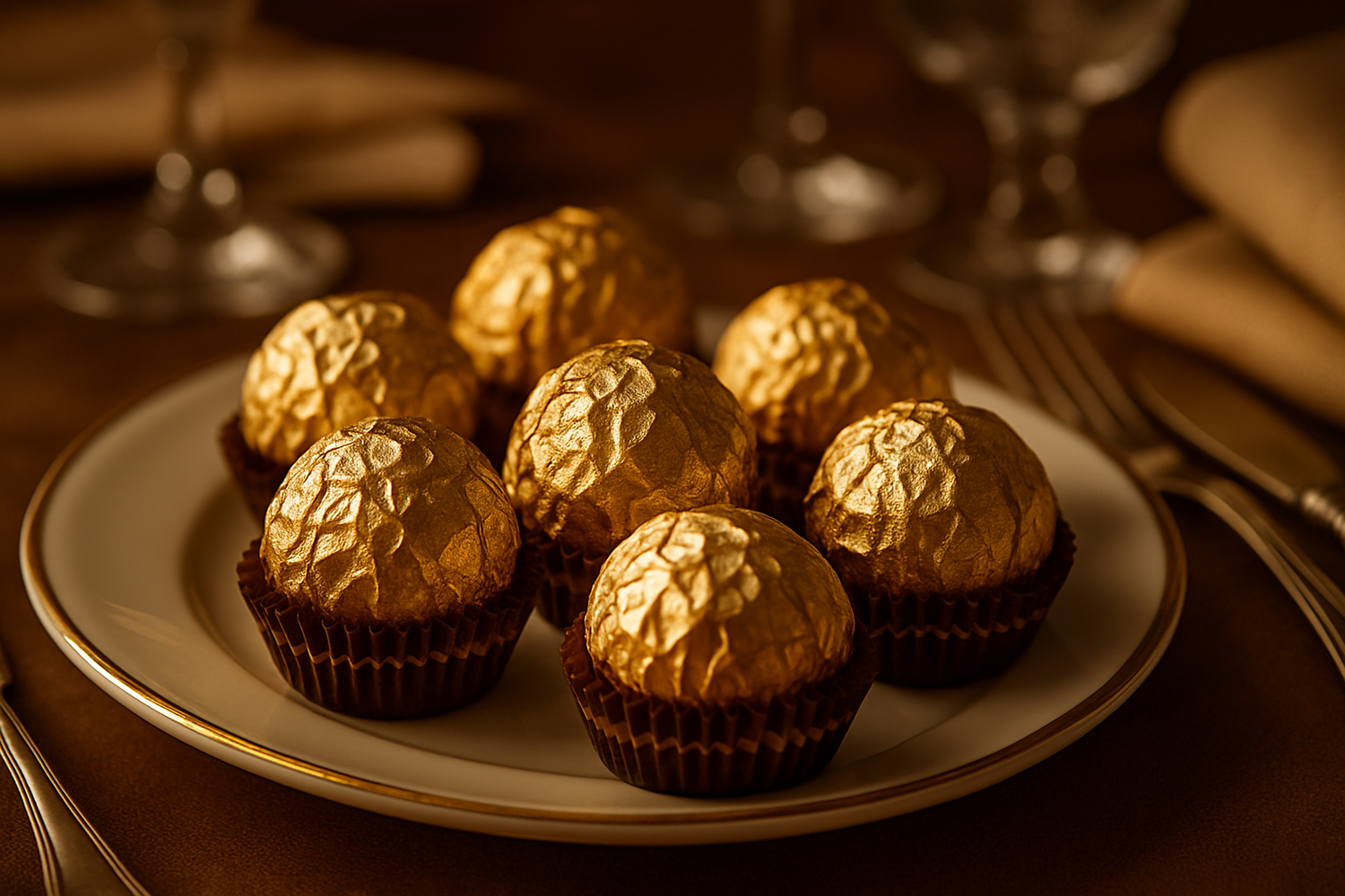 Close-up of Ferrero Rocher pralines in their golden wrappers on a refined table setting.